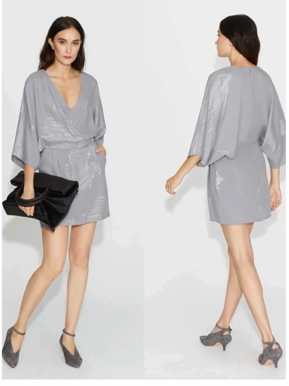 New Halston Heritage faux wrap grey metallic kimono sleeve mini dress pockets 8